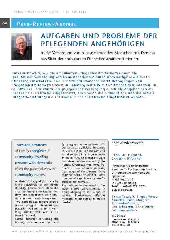 Aufgaben und Probleme der pflegenden Angehörigen in der Versorgung von zuhause lebenden Menschen mit Demenz aus Sicht der ambulanten Pflegedienstmitarbeiterinnen