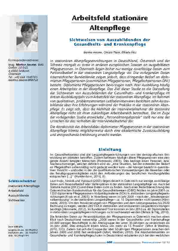 Arbeitsfeld stationäre Altenpflege - Sichtweisen von Auszubildenden der Gesundheitsund Krankenpflege