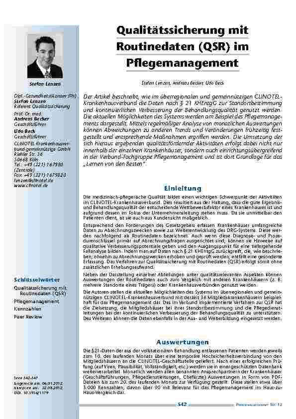 Qualitätssicherung mit Routinedaten (QSR) im Pflegemanagement