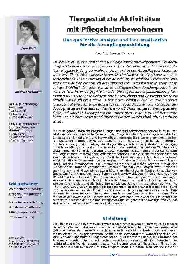 Tiergestützte Aktivitäten mit Pflegeheimbewohnern – Eine qualitative Analyse und ihre Implikation für die Altenpflegeausbildung