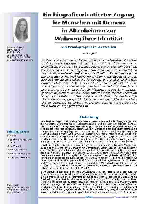 Ein biografieorientierter Zugang für Menschen mit Demenz in Altenheimen zur Wahrung ihrer Identität - Ein Praxisprojekt in Australien