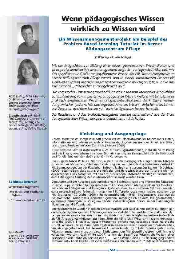 Wenn pädagogisches Wissen wirklich zu Wissen wird - Ein Wissensmanagementprojekt am Beispiel des Problem Based Learning Tutoriat im Berner Bildungszentrum Pflege