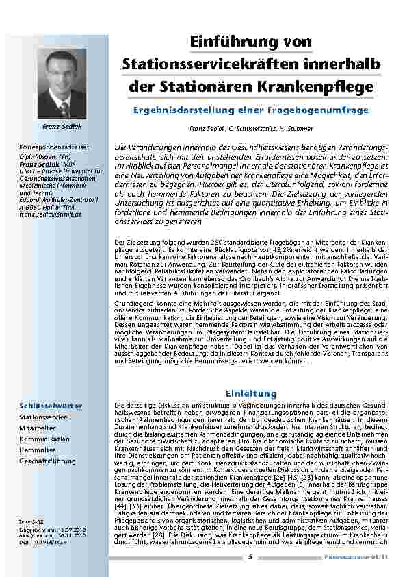 Einführung von Stationsservicekräften innerhalb der Stationären Krankenpflege. Ergebnisdarstellung einer Fragebogenumfrage