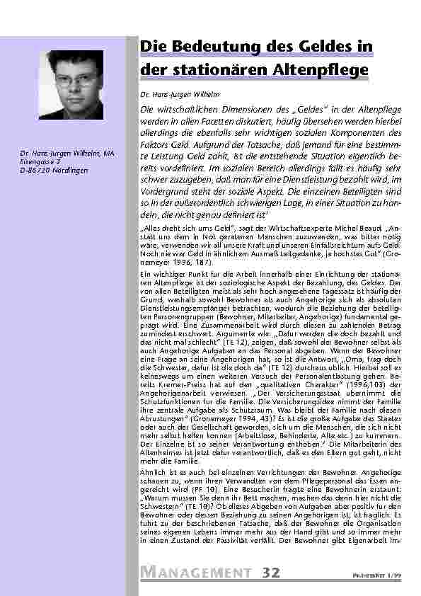 Die Bedeutung des Geldes in der stationären Altenpflege
