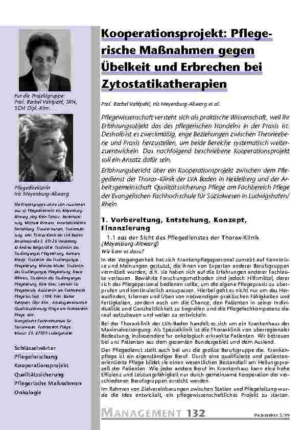 Kooperationsprojekt: Pflege-rische Maßnahmen gegen Übelkeit und Erbrechen bei Zytostatikatherapien