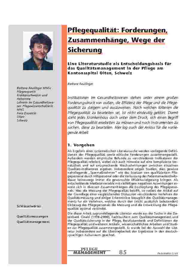 Pflegequalität: Forderungen, Zusammenhänge, Wege der Sicherung
