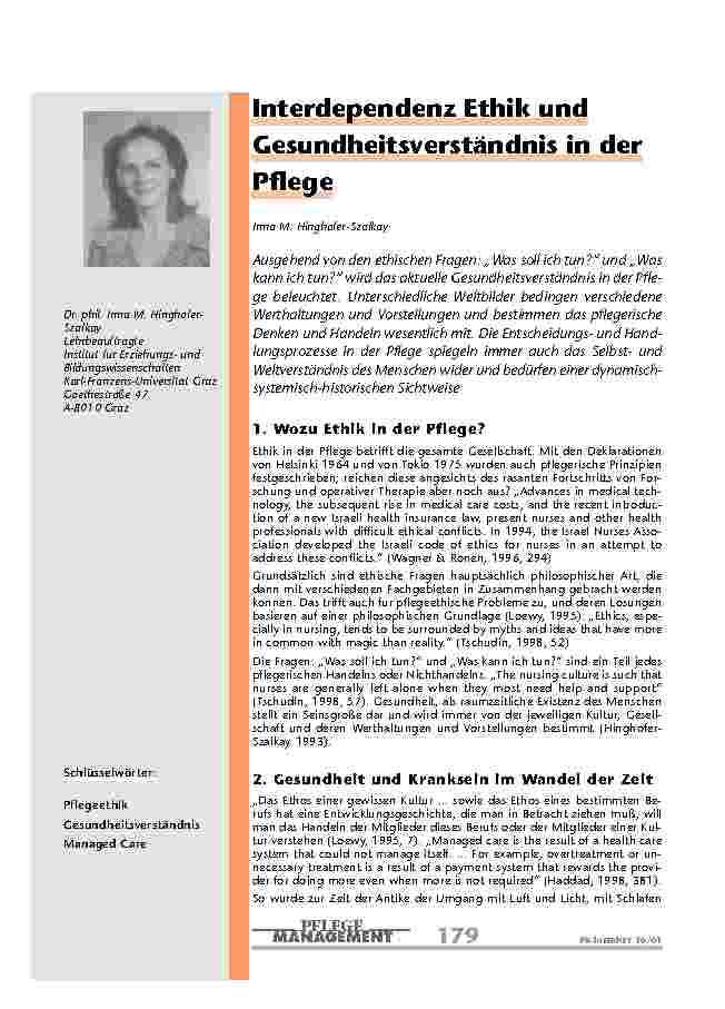 Interdependenz Ethik und Gesundheitsverständnis in der Pflege