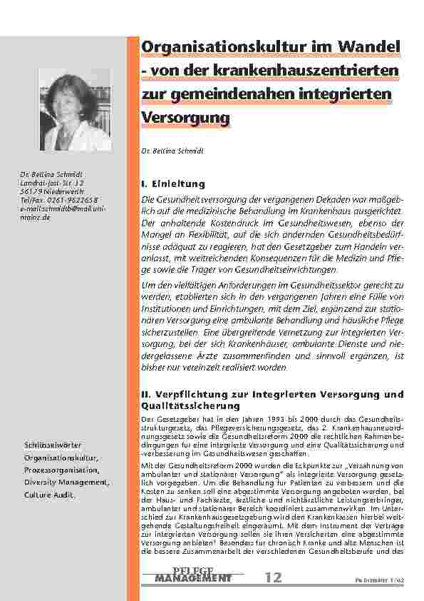 Organisationskultur im Wandel - von der krankenhauszentrierten zur gemeindenahen integrierten Versorgung