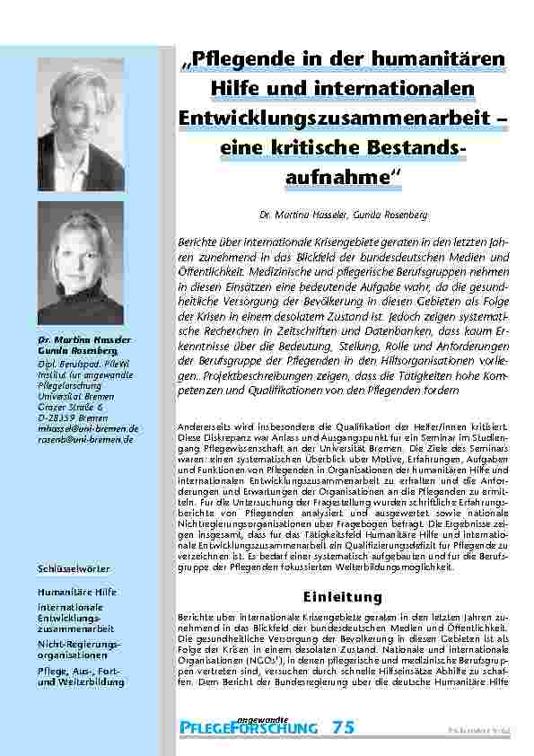 Pflegende in der humanitären Hilfe und internationalen Entwicklungszusammenarbeit – eine kritische Bestandsaufnahme