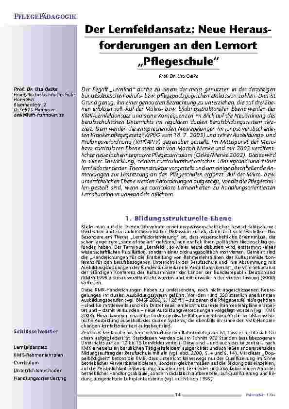 Der Lernfeldansatz: Neue Herausforderungen an den Lernort„Pflegeschule“