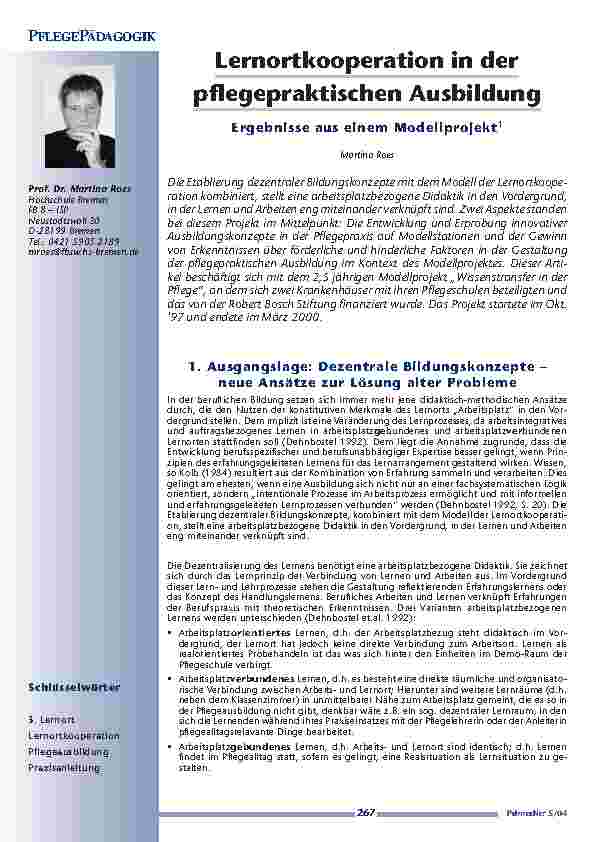 Lernortkooperation in derpflegepraktischen Ausbildung