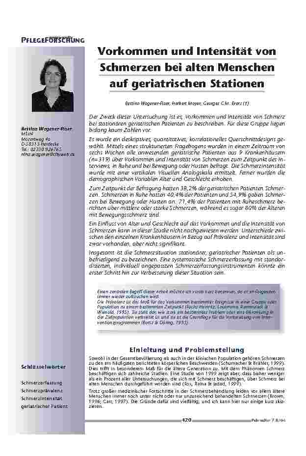 Vorkommen und Intensität vonSchmerzen bei alten Menschenauf geriatrischen Stationen