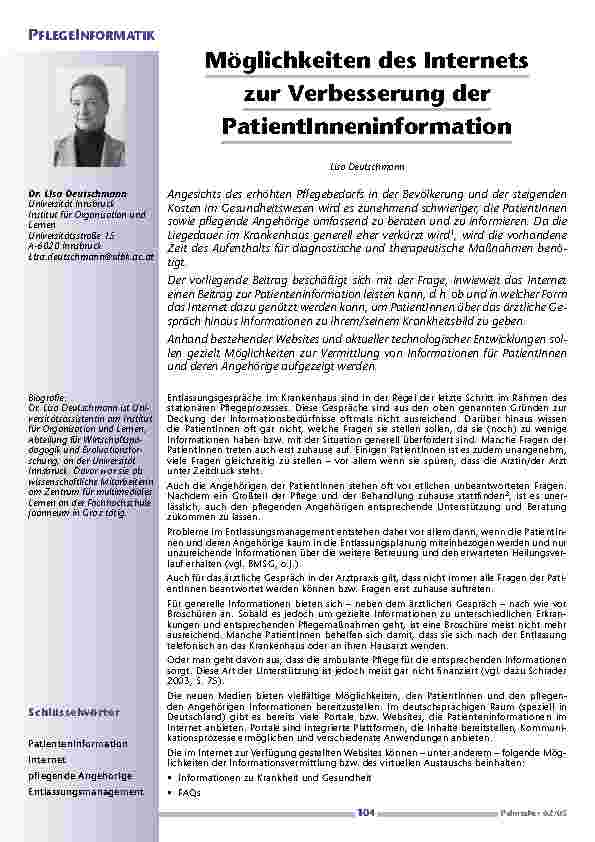 Möglichkeiten des Internetszur Verbesserung derPatientInneninformation