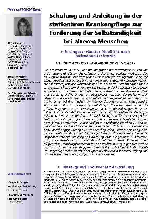 Schulung und Anleitung in derstationären Krankenpflege zurFörderung der Selbständigkeit bei älteren Menschen