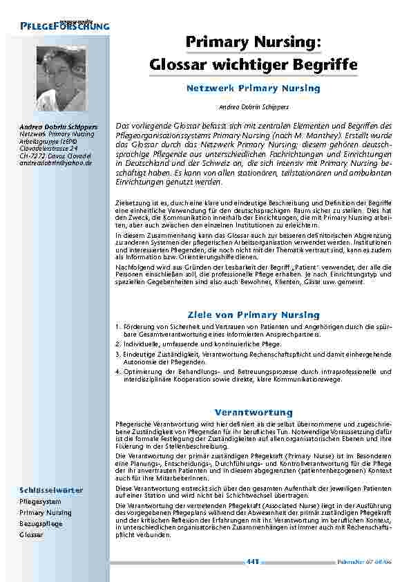 Primary Nursing: Glossar wichtiger Begriffe