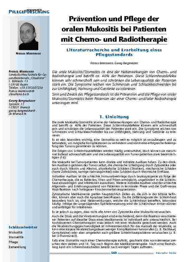 Prävention und Pflege deroralen Mukositis bei Patientenmit Chemound RadiotherapieLiteraturrecherche und Erarbeitung einesPflegestandards