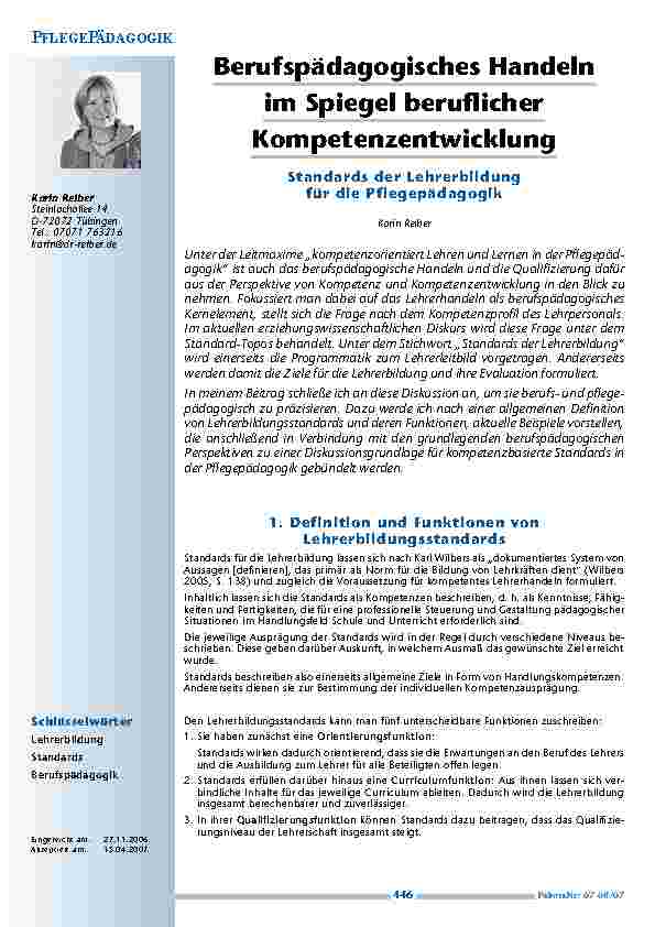 Berufspädagogisches Handelnim Spiegel beruflicherKompetenzentwicklung. Standards der Lehrerbildungfür die Pflegepädagogik
