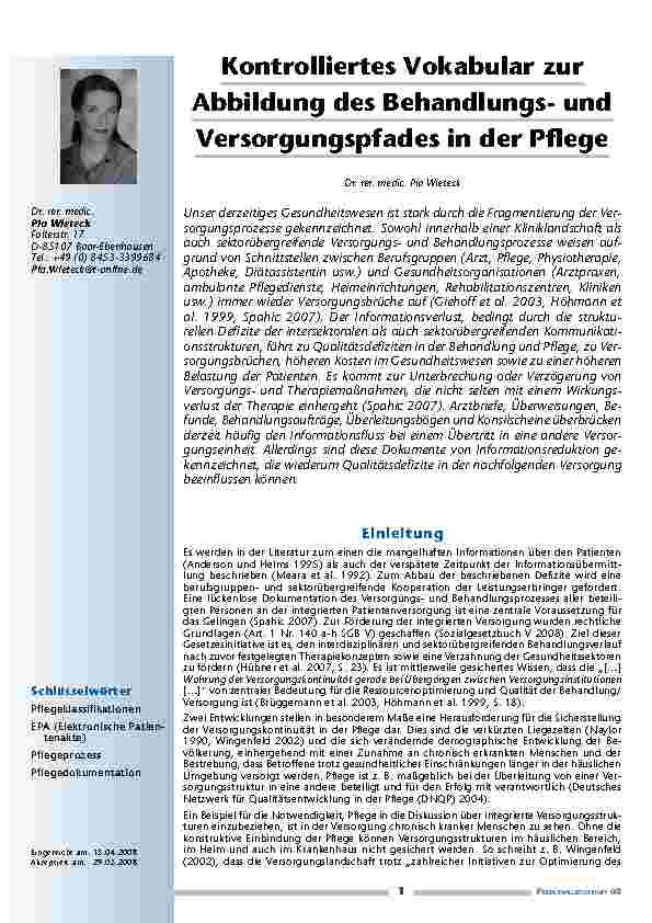 Kontrolliertes Vokabular zur Abbildung des Behandlungsund Versorgungspfades in der Pflege