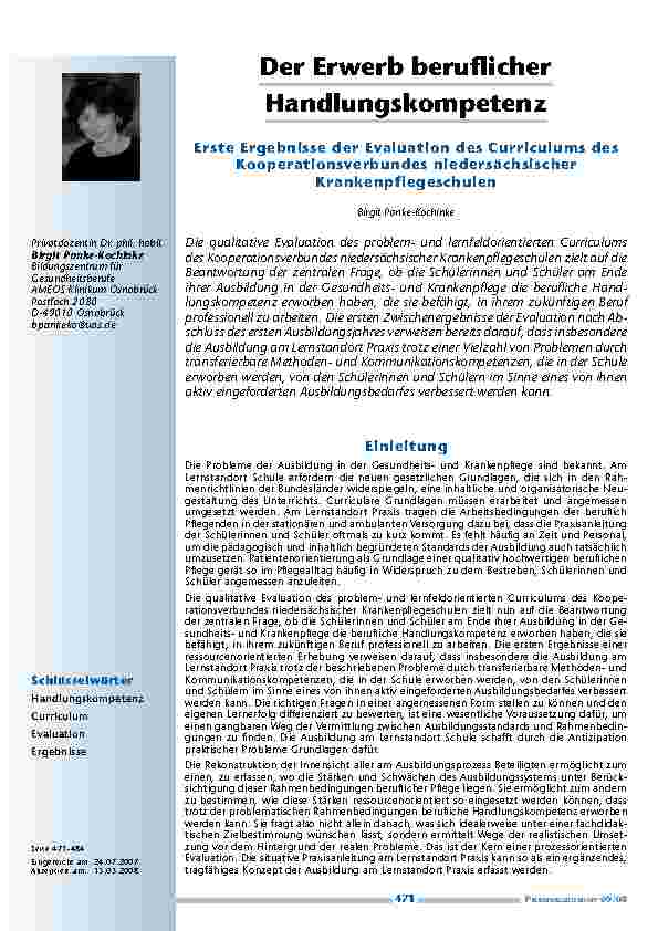 Der Erwerb beruflicher Handlungskompetenz - Erste Ergebnisse der Evaluation des Curriculums des Kooperationsverbundes niedersächsischer Krankenpflegeschulen