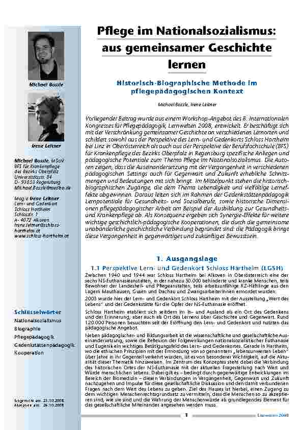 Pflege im Nationalsozialismus: aus gemeinsamer Geschichte lernen – Historisch-Biographische Methode im pflegepädagogischen Kontext