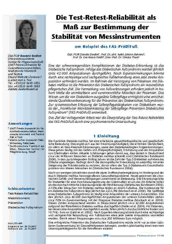 Die Test-Retest-Reliabilität als Maß zur Bestimmung der Stabilität von Messinstrumenten am Beispiel des FAS-PräDiFuß