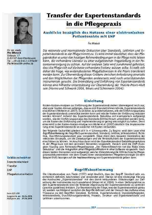 Transfer der Expertenstandards in die Pflegepraxis. Ausblicke bezüglich des Nutzens einer elektronischen Patientenakte mit ENP