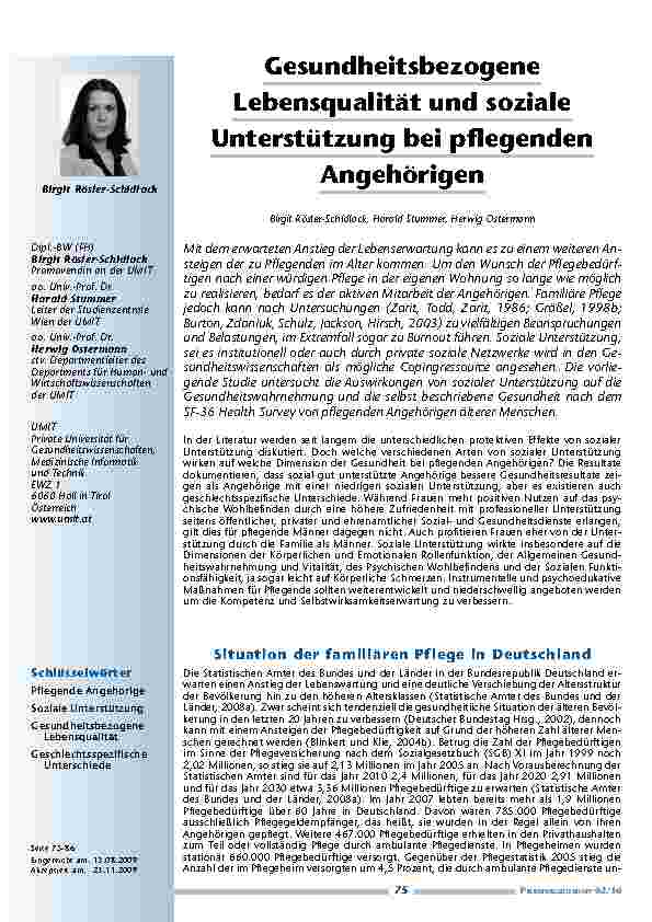 Gesundheitsbezogene Lebensqualität und soziale Unterstützung bei pflegenden Angehörigen