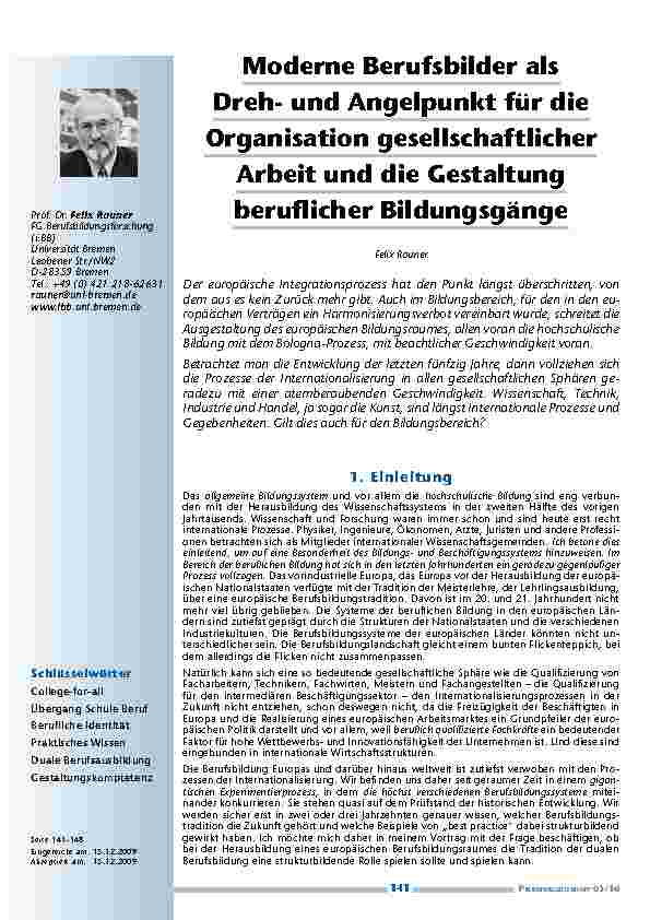 Moderne Berufsbilder als Drehund Angelpunkt für die Organisation gesellschaftlicher Arbeit und die Gestaltung beruflicher Bildungsgänge