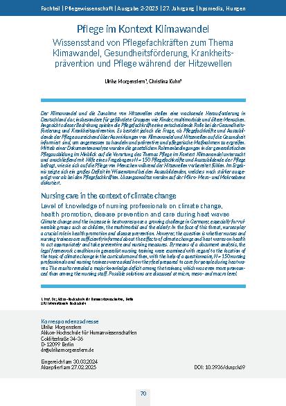 Pflege im Kontext Klimawandel Wissensstand von Pflegefachkräften zum Thema Klimawandel, Gesundheitsförderung, Krankheitsprävention und Pflege während der Hitzewellen