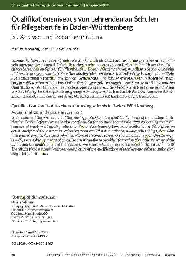 Qualifikationsniveaus von Lehrenden an Schulen für Pflegeberufe in Baden-Württemberg. Ist-Analyse und Bedarfsermittlung