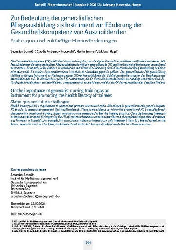 Titelseite zu Zur Bedeutung der generalistischen Pflegeausbildung als Instrument zur Förderung der Gesundheitskompetenz von Auszubildenden