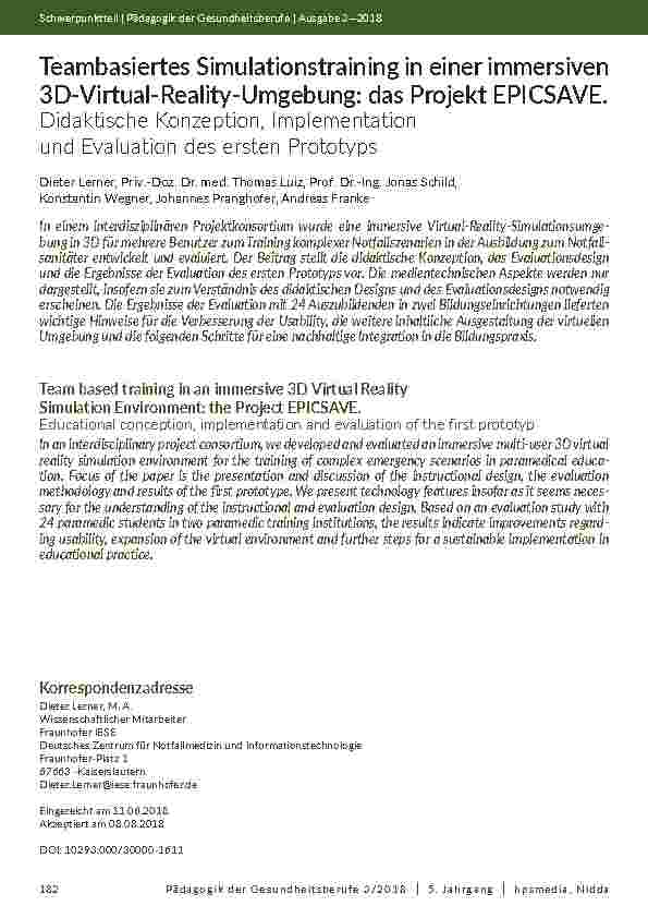 Teambasiertes Simulationstraining in einer immersiven 3D-Virtual-Reality-Umgebung: das Projekt EPICSAVE.
