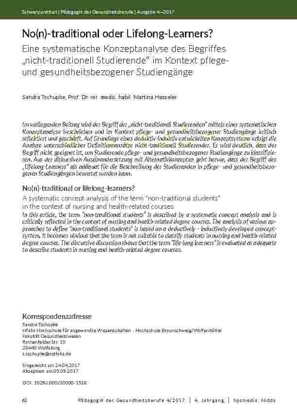 No(n)-traditional oder Lifelong-Learners? Eine systematische Konzeptanalyse des Begriffes „nicht-traditionell Studierende“ im Kontext pflegeund gesundheitsbezogener Studiengänge