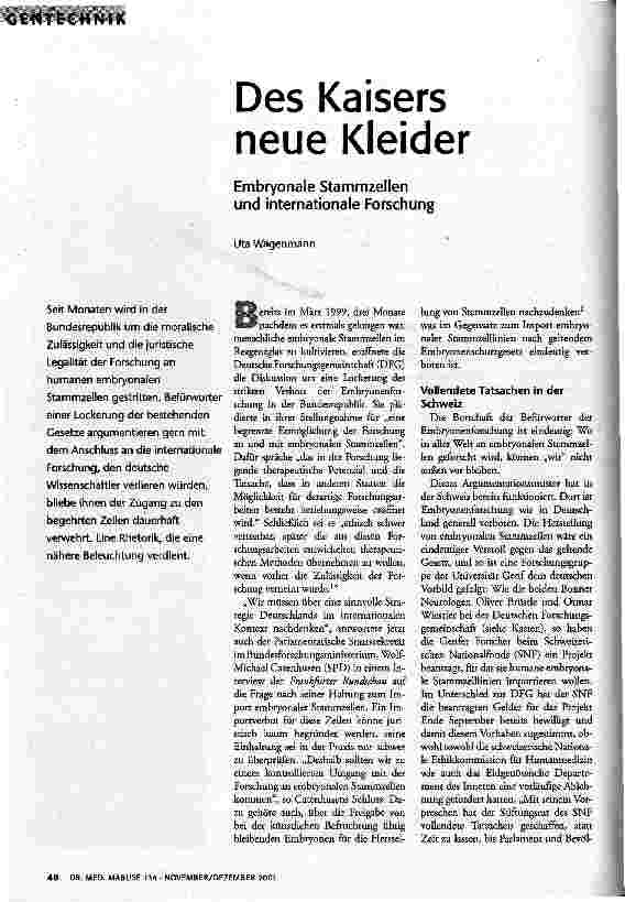 Des Kaisers neue Kleider Embryonale Stammzellen und internationale Forschung