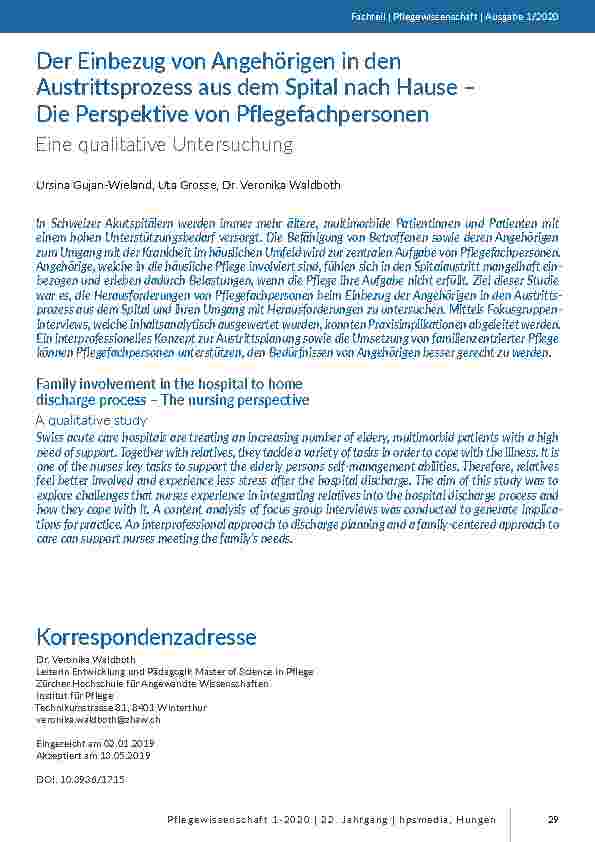 Der Einbezug von Angehörigen in den Austrittsprozess aus dem Spital nach Hause – Die Perspektive von Pflegefachpersonen. Eine qualitative Untersuchung.