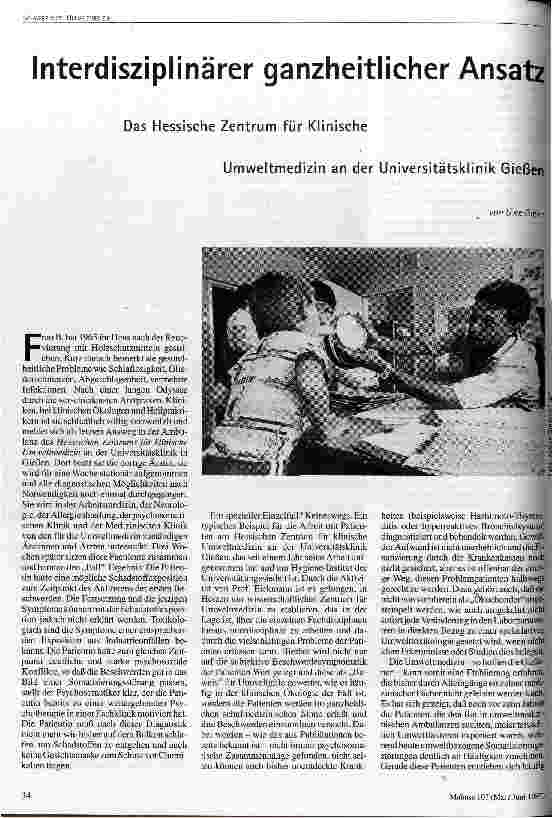 Interdisziplinärer ganzheitlicher Ansatz Das Hessische Zentrum für Klinische Umweltmedizin an der Universitätsklinik Gießen