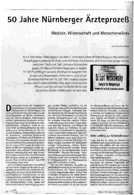 50 Jahre Nürnberger Ärzteprozeß Medizin, Wissenschaft und Menschenwürde