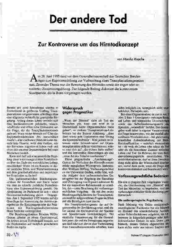 Der andere Tod Zur Kontroverse um das Hirntodkonzept