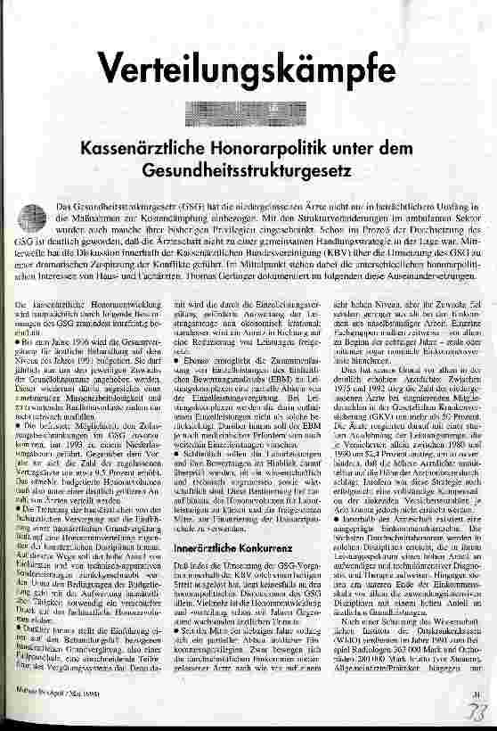 Verteilungskämpfe Kassenärztliche Honorarpolitik unter dem Gesundheitsstrukturgesetz