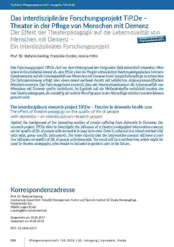 Das interdisziplinäre Forschungsprojekt TiP.De –Theater in der Pflege von Menschen mit Demenz