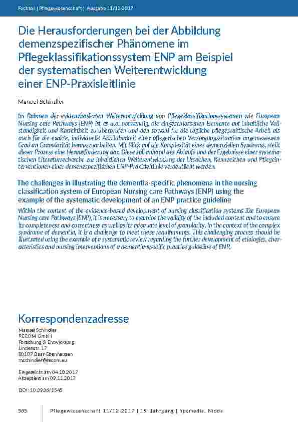 Die Herausforderungen bei der Abbildung demenzspezifischer Phänomene im Pflegeklassifikationssystem ENP am Beispiel der systematischen Weiterentwicklung einer ENP-Praxisleitlinie