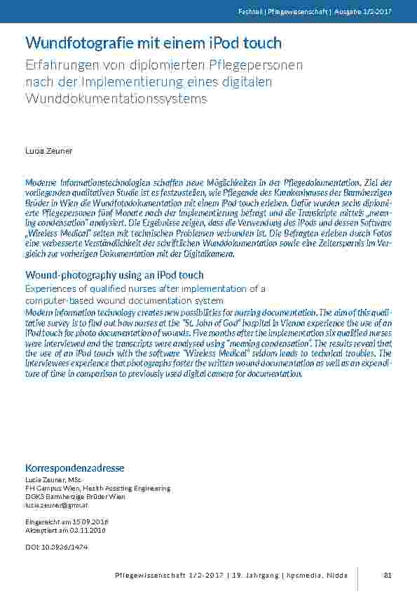 Wundfotografie mit einem iPod touch. Erfahrungen von diplomierten Pflegepersonen nach der Implementierung eines digitalen Wunddokumentationssystems