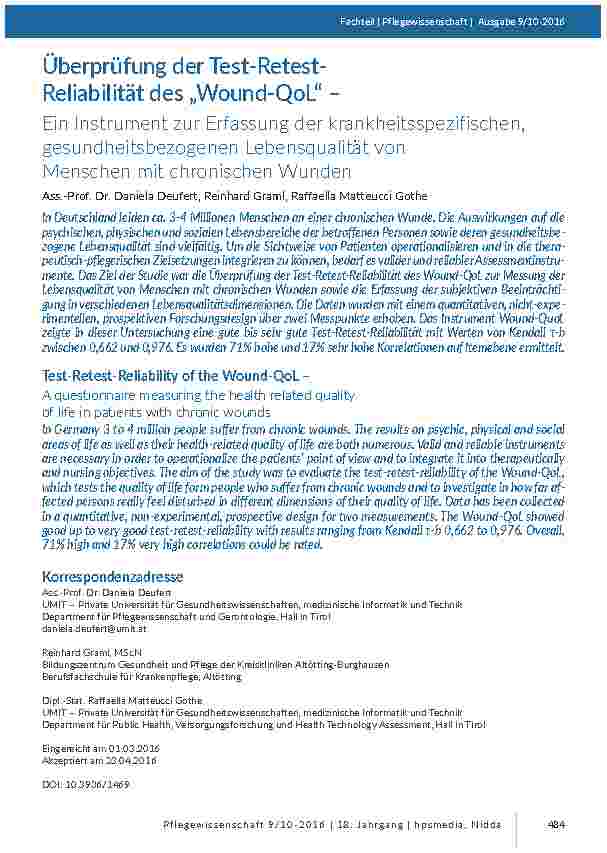 Überprüfung der Test-Retest-Reliabilität des „Wound-QoL“ – Ein Instrument zur Erfassung der krankheitsspezifischen, gesundheitsbezogenen Lebensqualität von Menschen mit chronischen Wunden