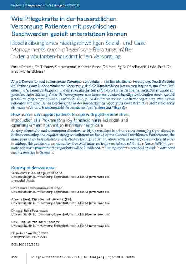 Wie Pflegekräfte in der hausärztlichen Versorgung Patienten mit psychischen Beschwerden gezielt unterstützen können. Beschreibung eines niedrigschwelligen Sozialund Case-Managements durch pflegerische Beratungskräfte in der ambulanten-hausärztlichen Versorgung