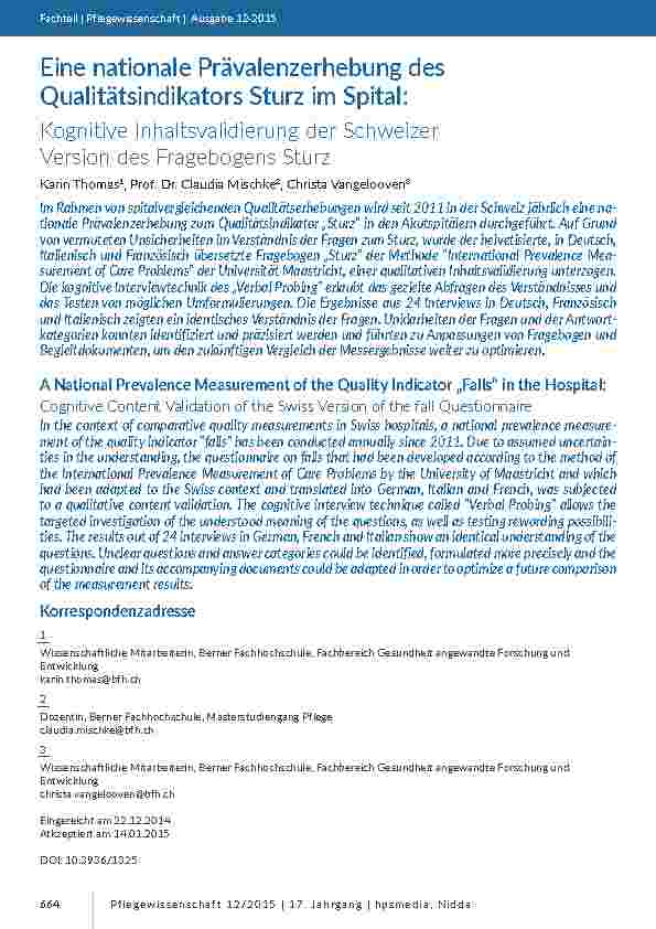 Eine nationale Prävalenzerhebung des Qualitätsindikators Sturz im Spital: Kognitive Inhaltsvalidierung der Schweizer Version des Fragebogens Sturz