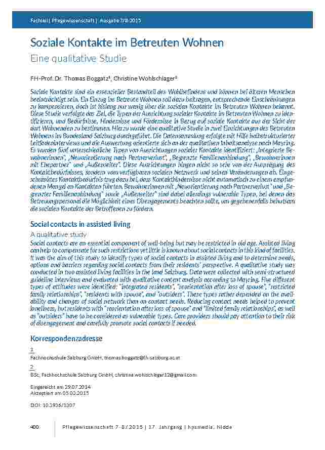 Soziale Kontakte im Betreuten Wohnen. Eine qualitative Studie