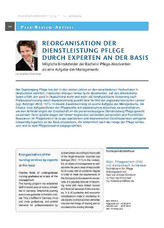 Reorganisation der Dienstleistung Pflege durch Experten an der Basis. Mögliche Einsatzfelder der Bachelor-Pflege-Absolventen als eine Aufgabe des Managements