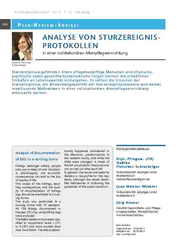 Analyse von Sturzereignisprotokollen in einer vollstationären Altenpflegeeinrichtung