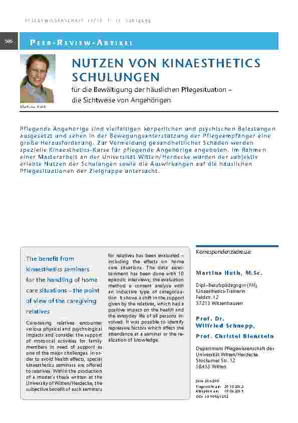 Nutzen von Kinaesthetics Schulungen für die Bewältigung der häuslichen Pflegesituation – die Sichtweise von Angehörigen